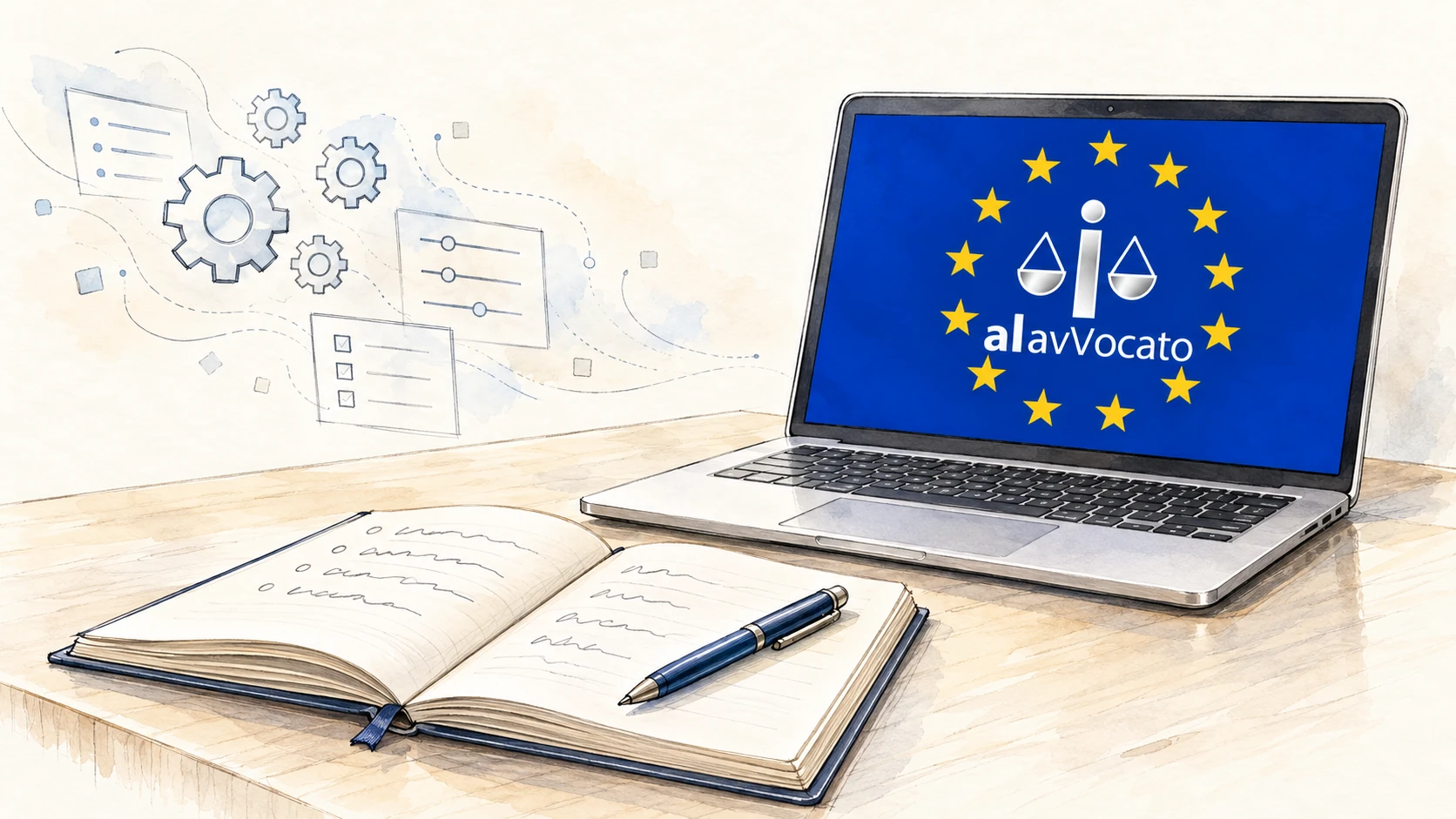 Illustrazione di iAvvocato su un computer portatile, con un quaderno e strumenti digitali.